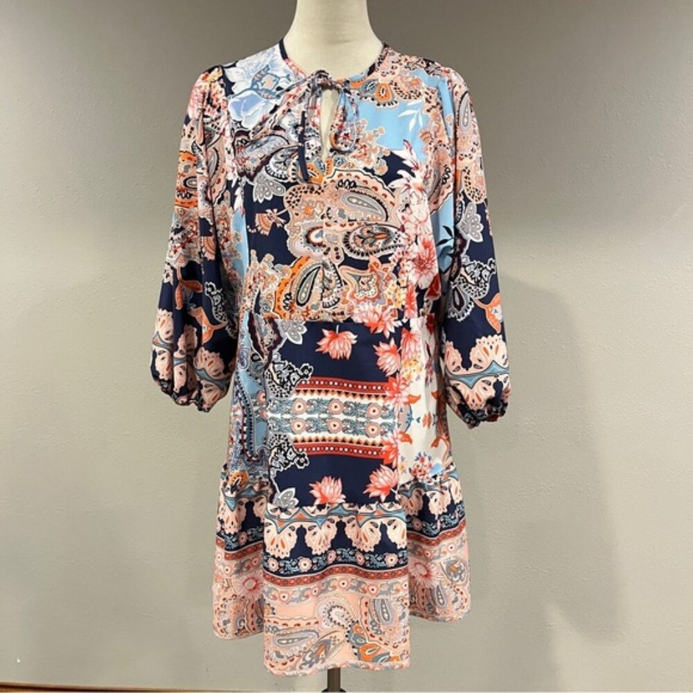 Coco+Carmen Paisley Floral Tie-Neck long sleeves mini dress size medium